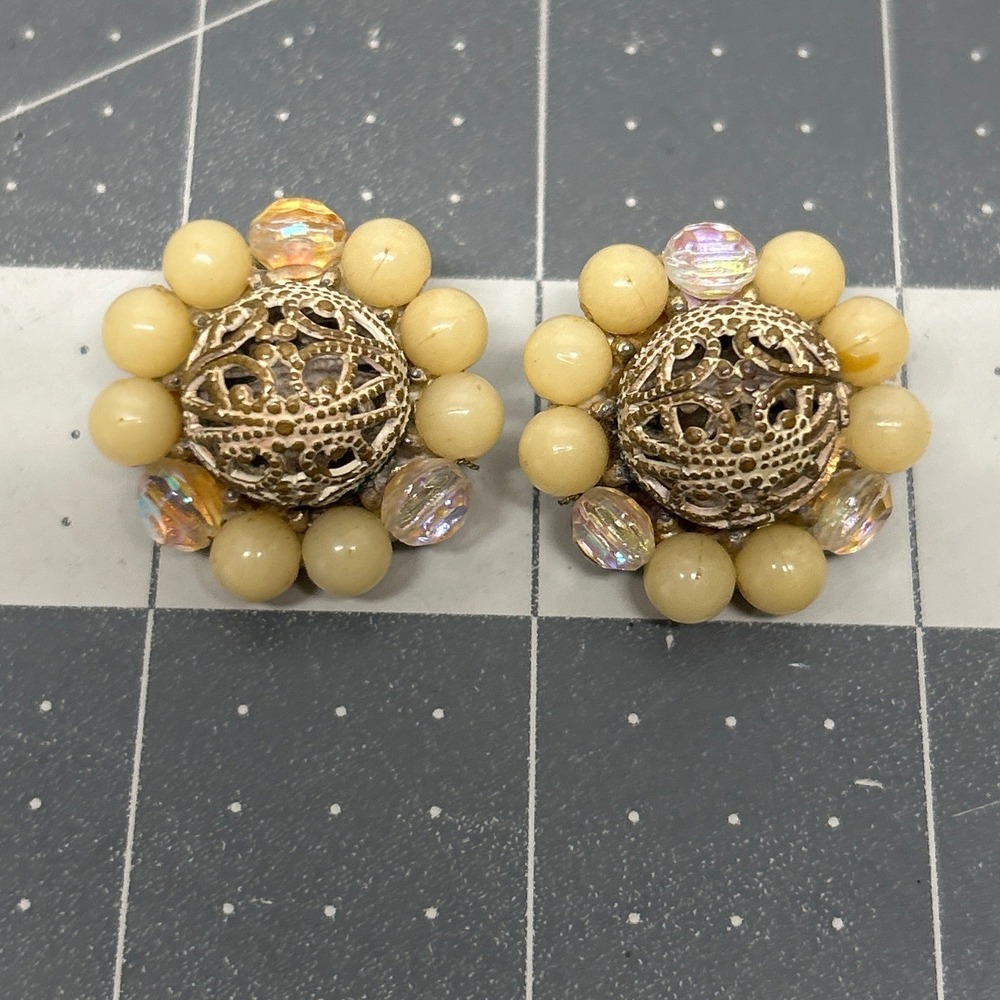 Vintage Clip On Earrings Cream Gold Tone Beaded Cluster MCM Costume Jewelry